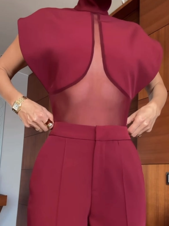 Burgundy Mesh Set | High Neck, Slim Fit 5