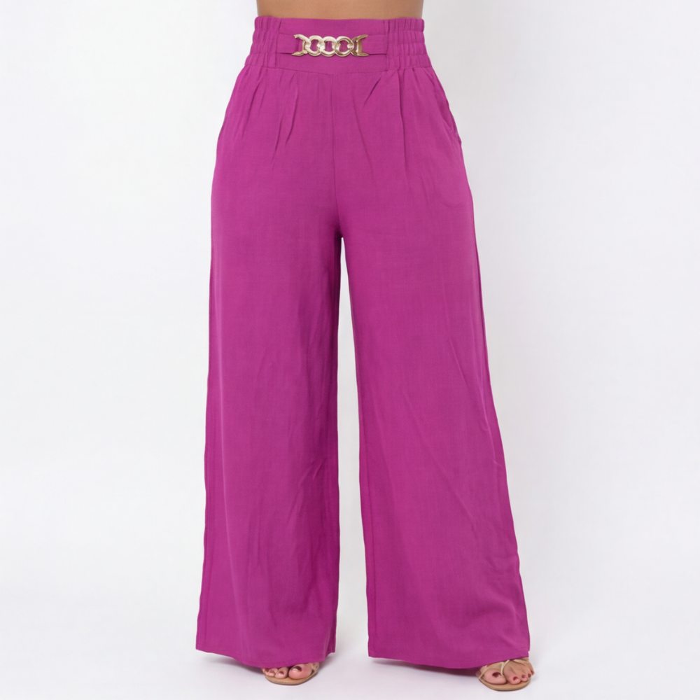 Florena Wide Leg Trousers | High Waist with Gold Chain Accent 12
