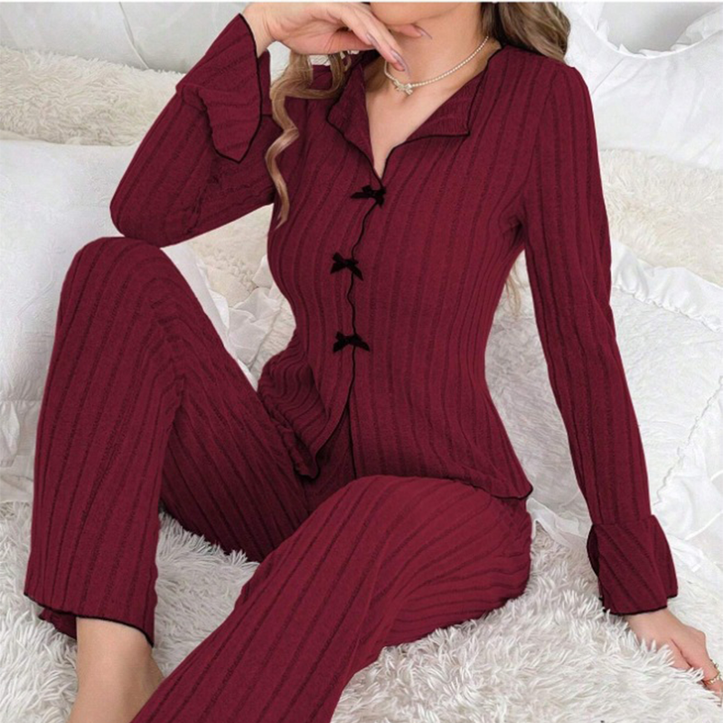 Rina Ribbed Pajama Set | Elegant Lapel Collar, Flared Sleeves 11
