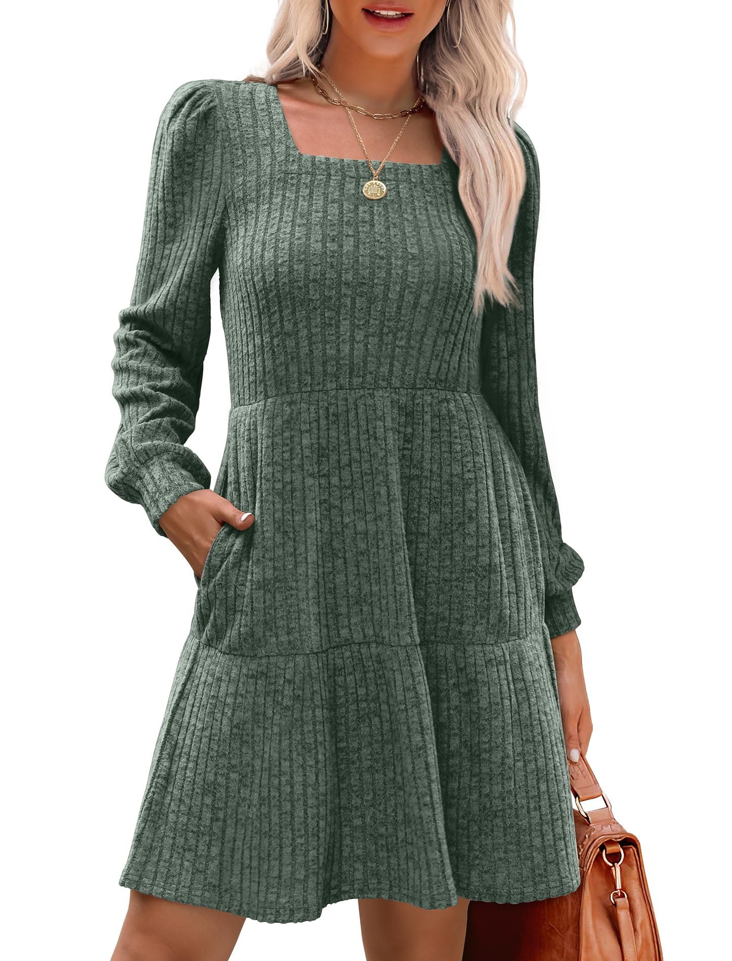 Wina Women's Dress | Square Neck, Lantern Sleeve, Above Knee Length 13