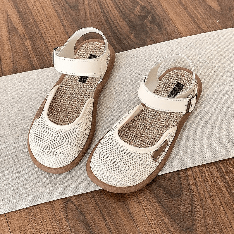 Blythe Black Flat Sandals | Breathable Mesh, Adjustable Ankle Strap - Hartwella