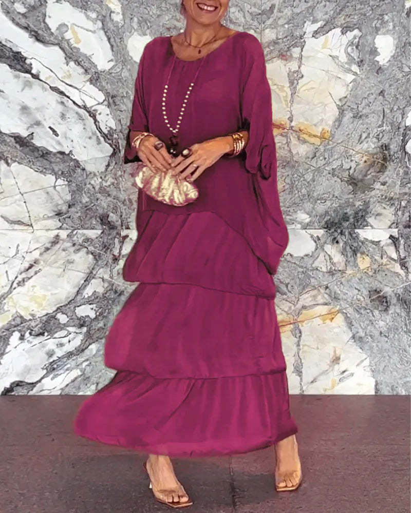 Elysian Floral Dress | Elegant Round Neck, Layered Design - Hartwella