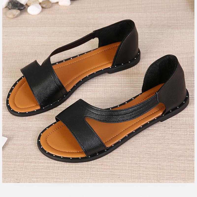 Fiora Flat Sandals | Black Open Toe, Rivet Detail for Women - Hartwella