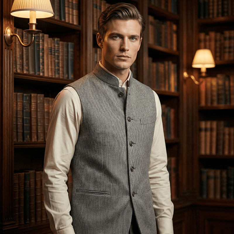 Harrison Herringbone Waistcoat | Stand Collar, Modern Fit, Silver, Polyester Fiber - Hartwella