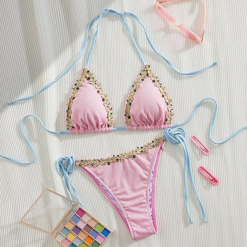 Haven Bikini Set | Adjustable Halter with Floral Trim, Comfortable Ribbed Fabric - Hartwella