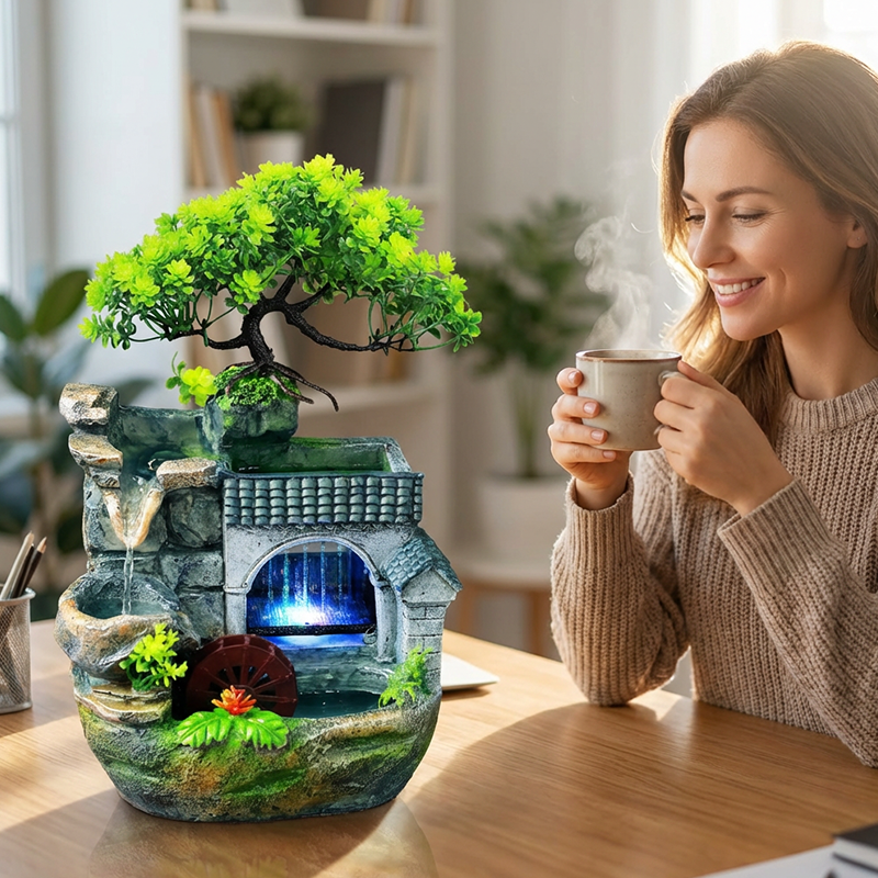 Rocca Tabletop Fountain | Indoor Water Feature with LED Lighting - Hartwella