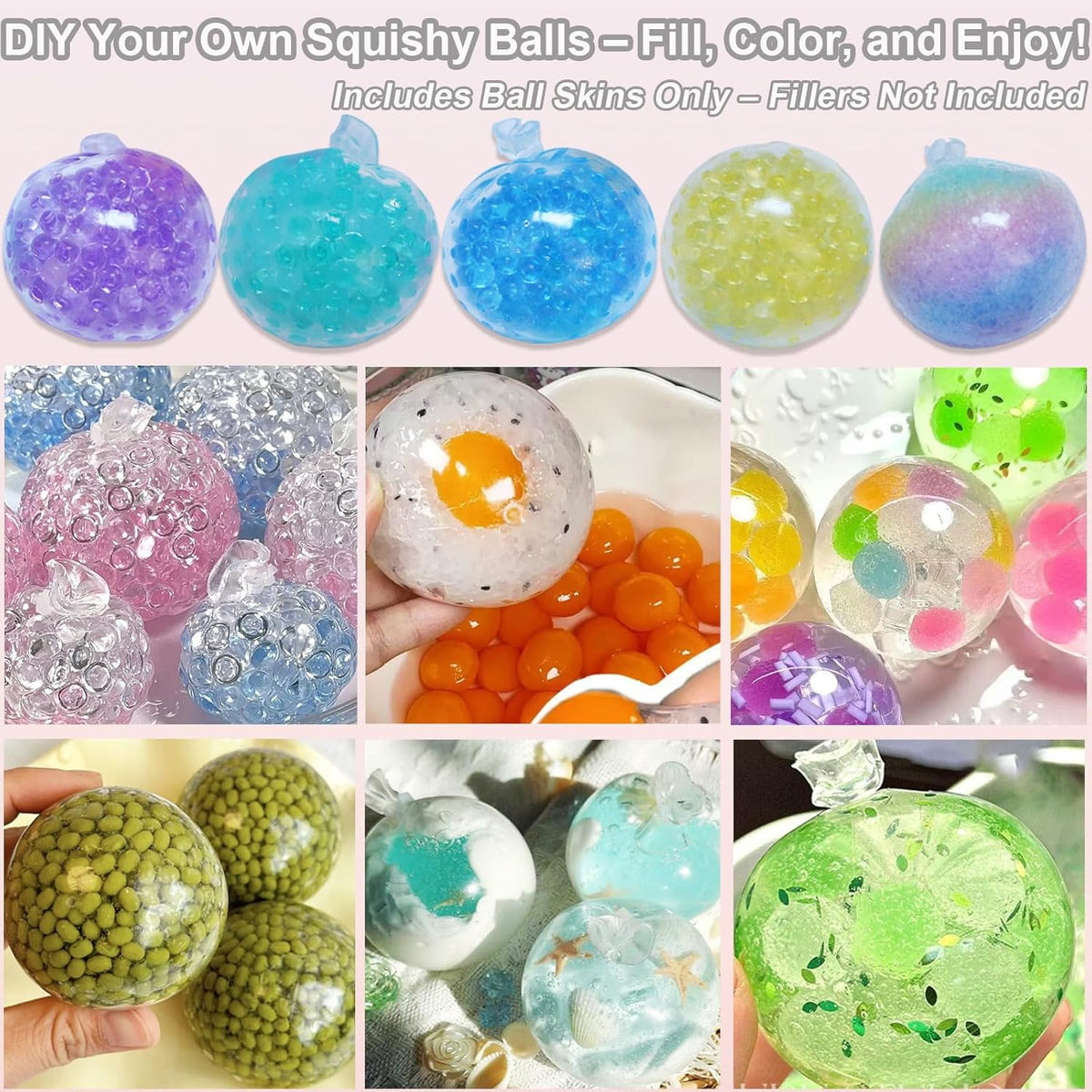 Sensa DIY Stress Ball Kit | 6 Filling Packs, 10 Soft Transparent Skins - Hartwella