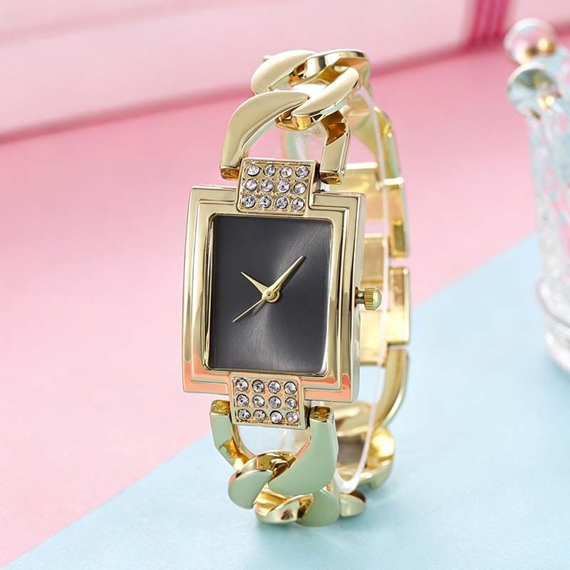 Sera Square Dial Women's Watch | Rhinestone Accents, Chain-Link Bracelet - Hartwella