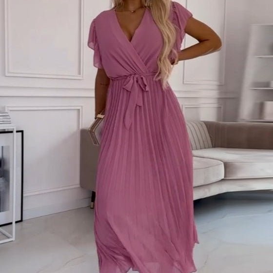 Soleil Pleated Dress | Flowy, V-Neck Design - Hartwella