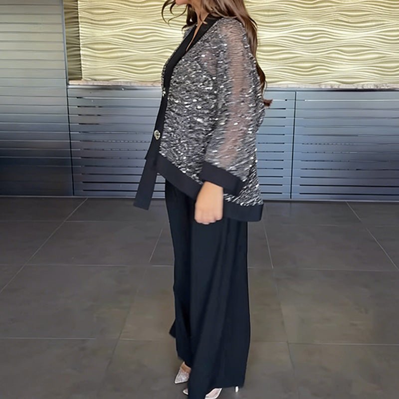 Vera Sequin Cardigan Set | Elegant V-Neck & Wide-Leg Pants - Hartwella
