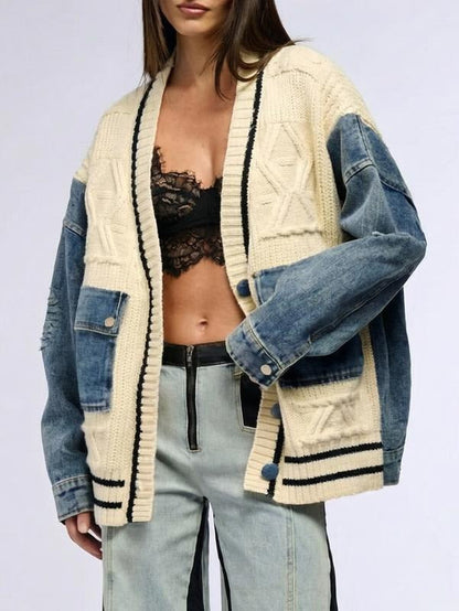Ava Cardigan Sweater | Cotton Blend, Relaxed Fit with Denim Sleeves 3