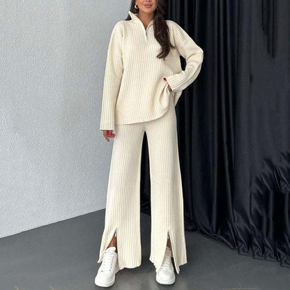 Cora Women's Knit Set | Cozy Ribbed Two-Piece Lounge Set with Slit-Leg Pants 0