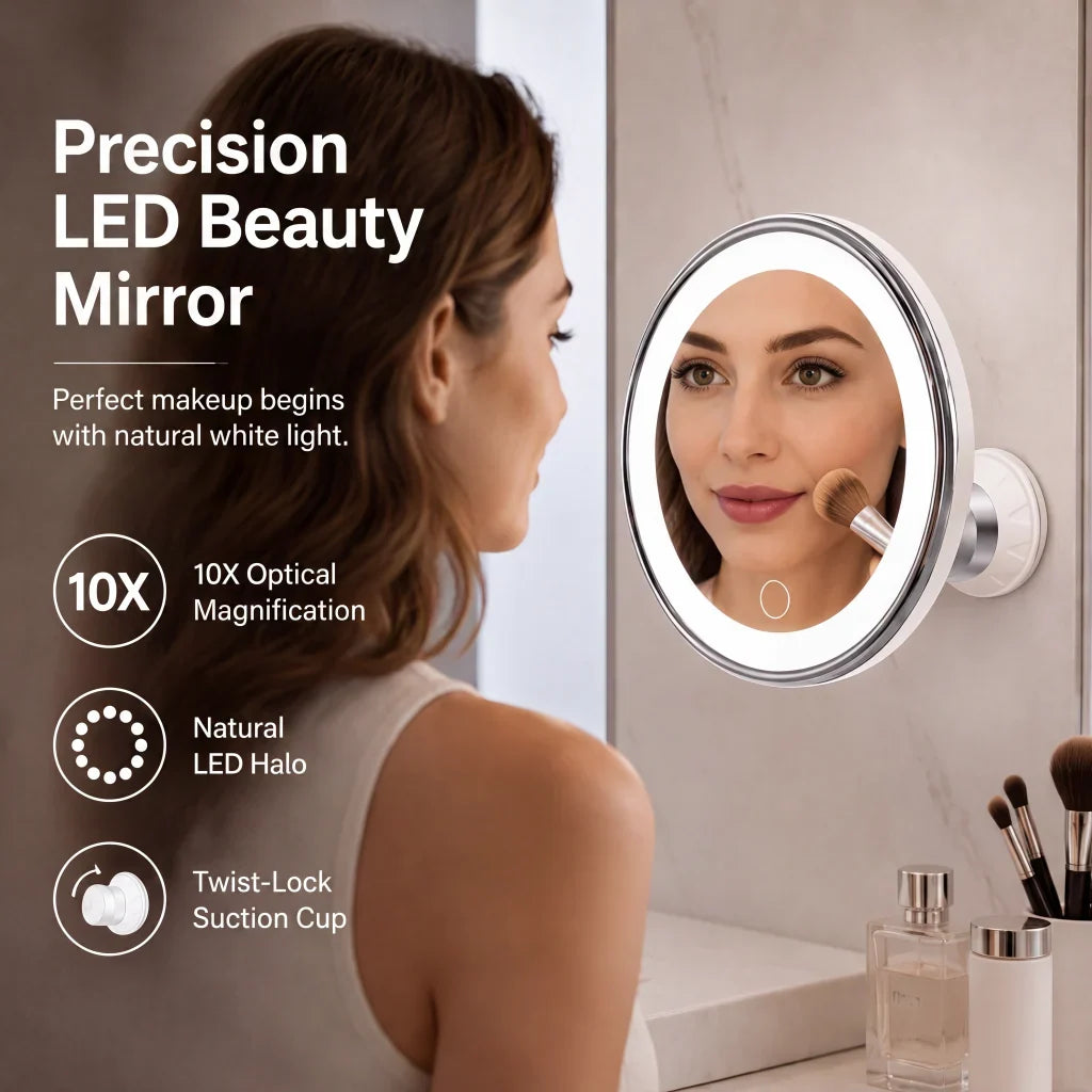 Luma Makeup Mirror | 10X Magnifying, LED Light, Suction Cup, 360° Adjustable 1