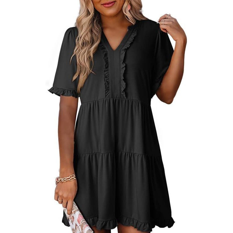 Ravina Women's Dress | V-Neck Ruffle A-Line Summer Dress in Black 0