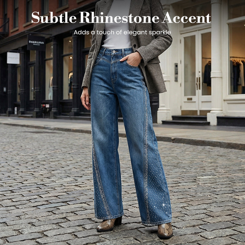 Rina Wide-Leg Jeans | Rhinestone Embellished, High-Waist 1