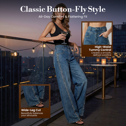 Rina Wide-Leg Jeans | Rhinestone Embellished, High-Waist 3