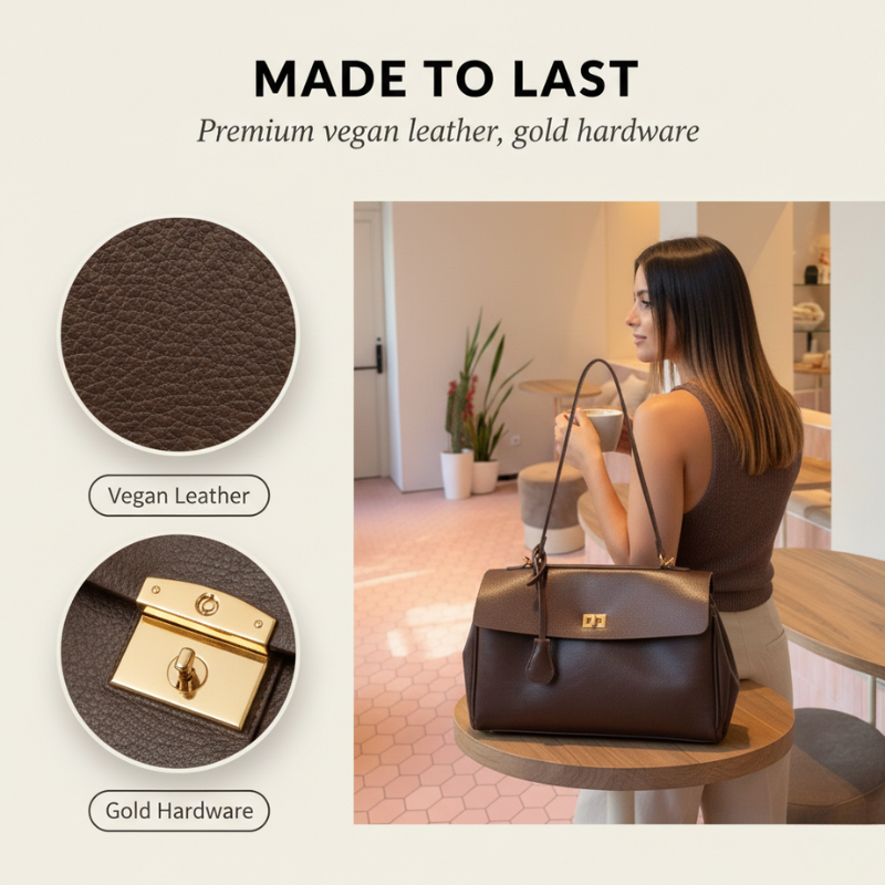 Sable Vintage Shoulder Bag | Premium Vegan Leather, Gold Turn-Lock Closure 2
