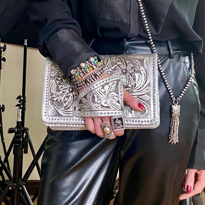 Tura Leather Clutch | Hand-Tooled Metallic Design, Versatile Wristlet 1