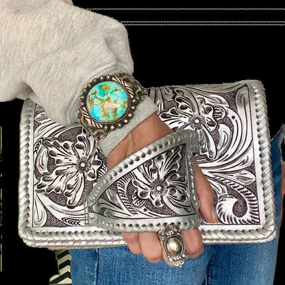 Tura Leather Clutch | Hand-Tooled Metallic Design, Versatile Wristlet 4