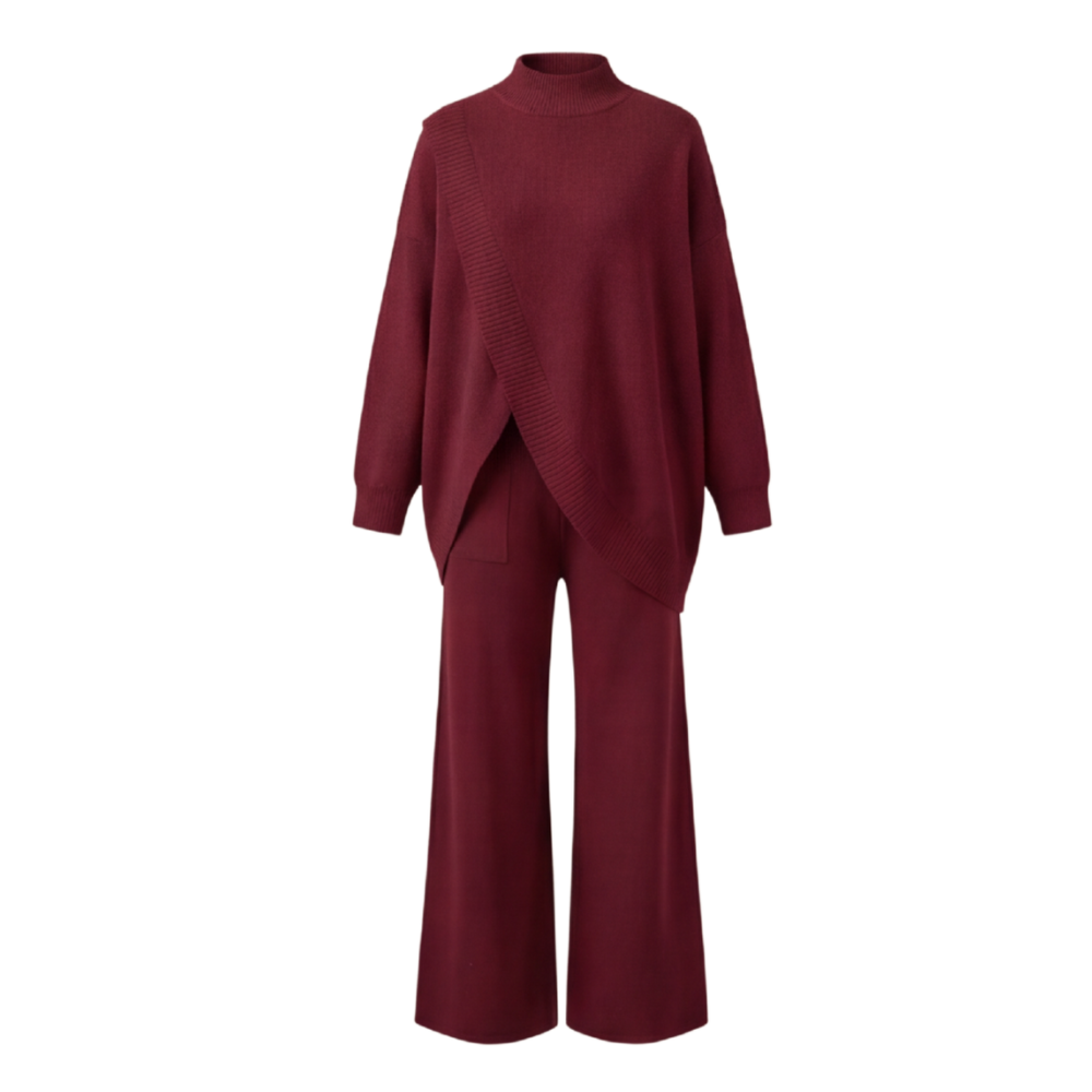 Viva Asymmetric Knit Set | Soft Polyester, Wide Leg Pants 11