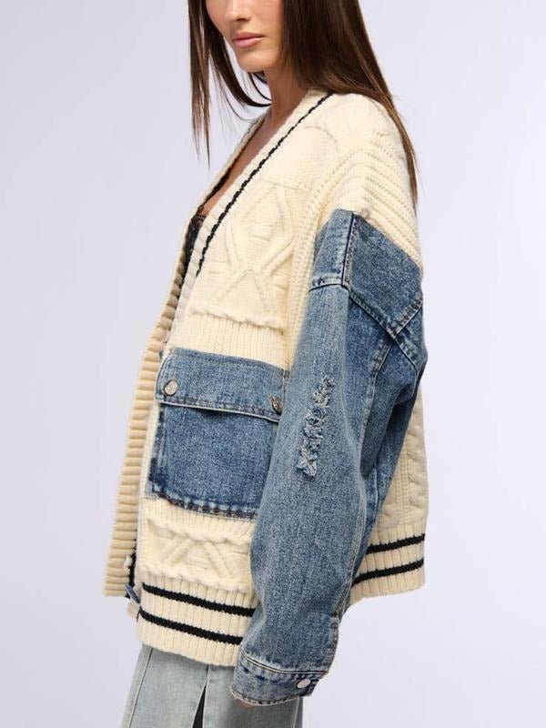 Ava Cardigan Sweater | Cotton Blend, Relaxed Fit with Denim Sleeves - Hartwella