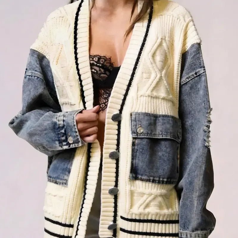 Ava Cardigan Sweater | Cotton Blend, Relaxed Fit with Denim Sleeves - Hartwella
