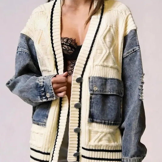 Ava Cardigan Sweater | Cotton Blend, Relaxed Fit with Denim Sleeves - Hartwella