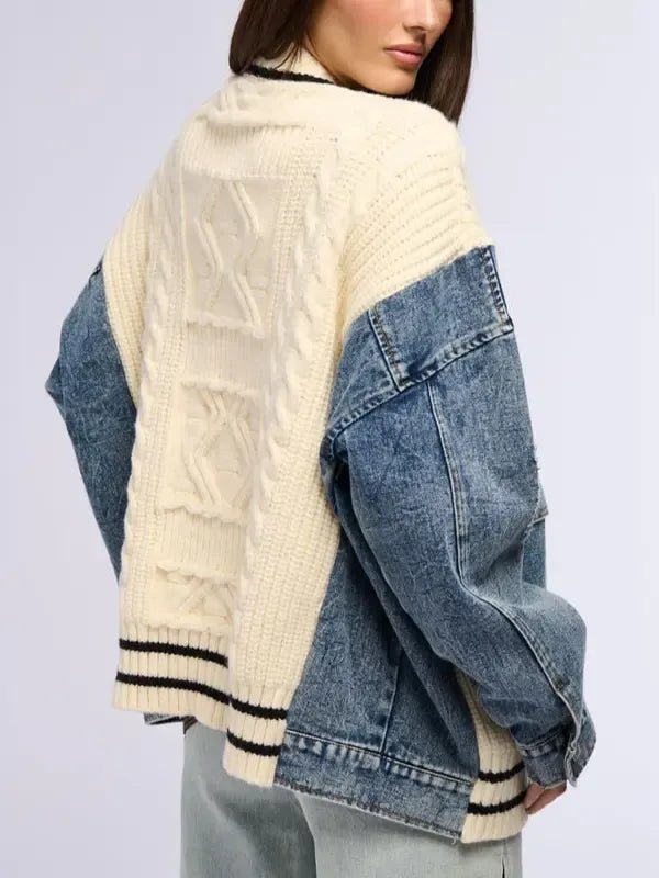 Ava Cardigan Sweater | Cotton Blend, Relaxed Fit with Denim Sleeves - Hartwella