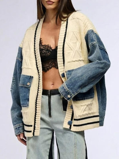 Ava Cardigan Sweater | Cotton Blend, Relaxed Fit with Denim Sleeves - Hartwella