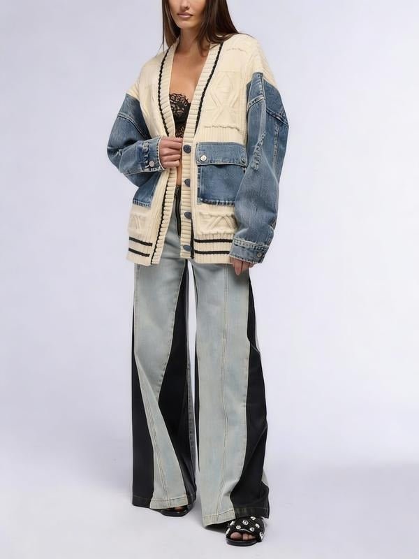 Ava Cardigan Sweater | Cotton Blend, Relaxed Fit with Denim Sleeves - Hartwella