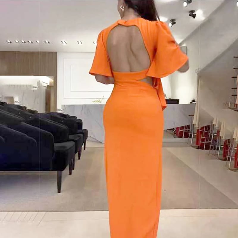 Bella Backless Midi Dress | Black, Thigh Slit, Waist Cutout - Hartwella