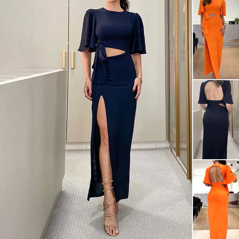 Bella Backless Midi Dress | Black, Thigh Slit, Waist Cutout - Hartwella