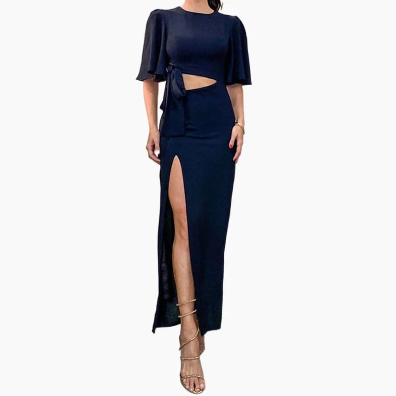 Bella Backless Midi Dress | Black, Thigh Slit, Waist Cutout - Hartwella