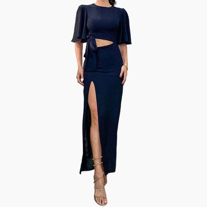 Bella Backless Midi Dress | Black, Thigh Slit, Waist Cutout - Hartwella