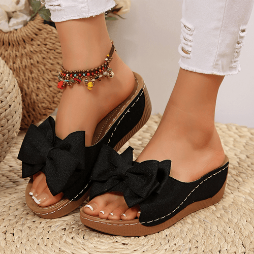 Bella Black Wedge Sandals | Bowknot Design, Non - Slip Sole - Hartwella