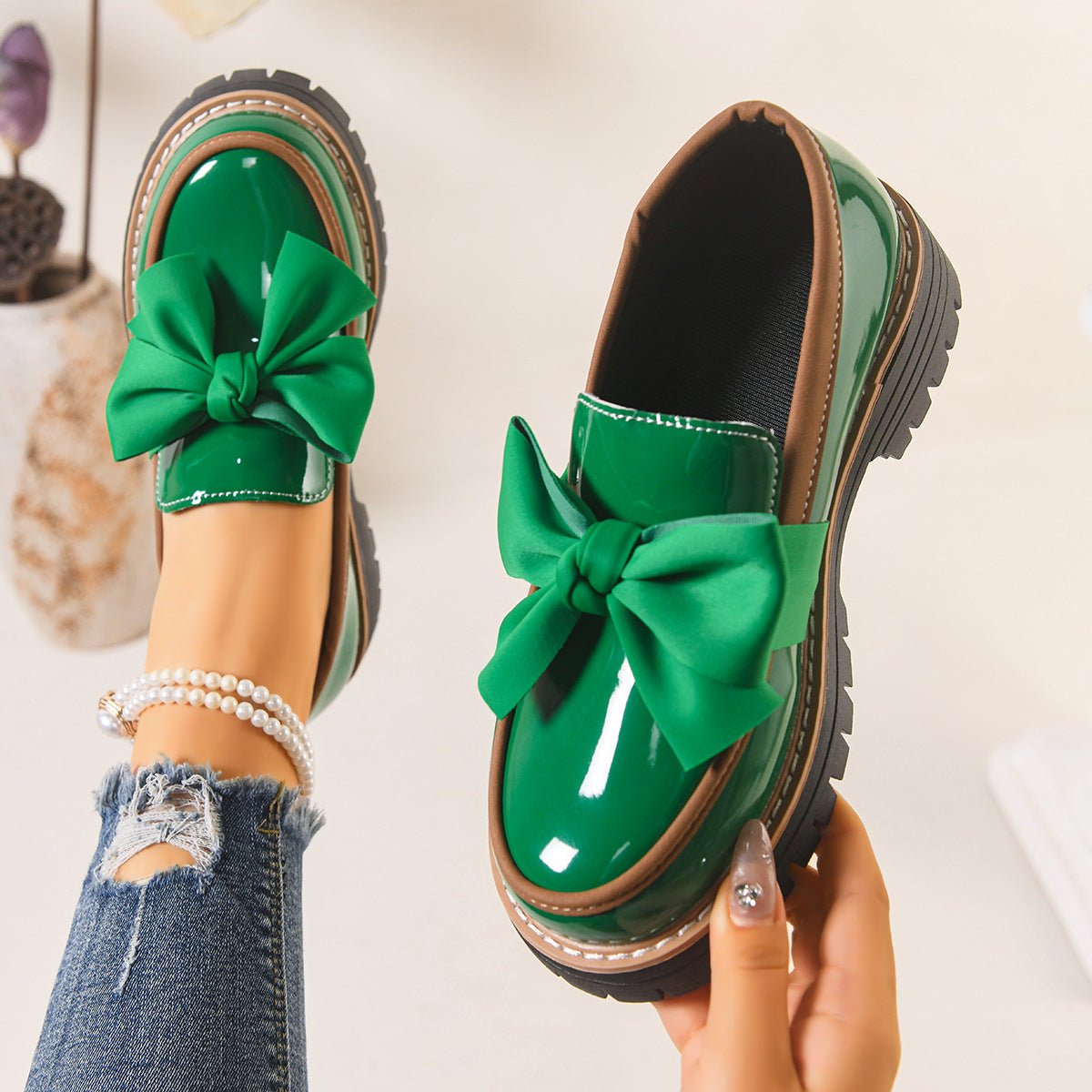 Bella Bowknot Loafers for Women | Black PU Leather, Comfortable Design - Hartwella