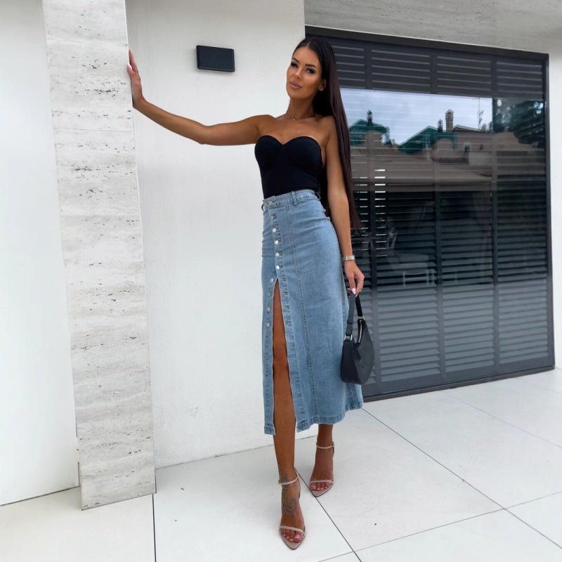 Bella Denim Skirt | Button Closure, Bodycon Fit - Hartwella