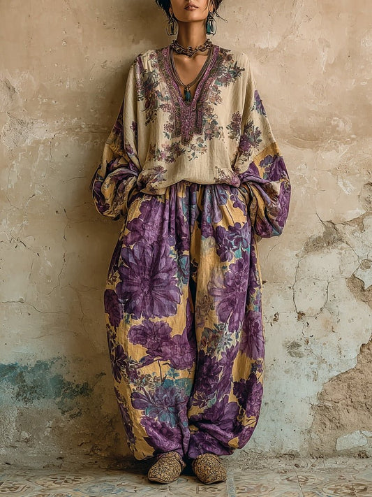 Bella Floral Set | V-Neck Top and Wide-Leg Pants - Hartwella