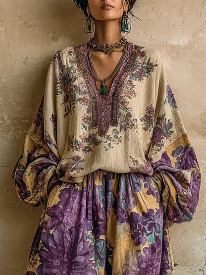 Bella Floral Set | V-Neck Top and Wide-Leg Pants - Hartwella