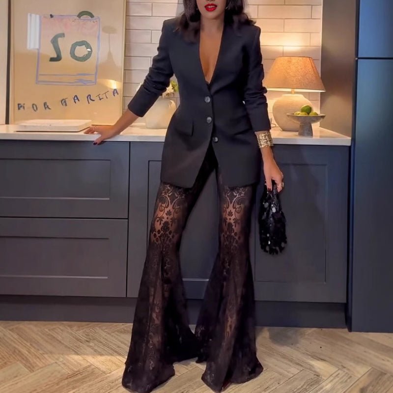 Bella Women's Suit | Chic Lace Blazer and Flared Pants Set - Hartwella