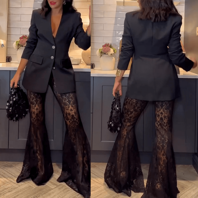 Bella Women's Suit | Chic Lace Blazer and Flared Pants Set - Hartwella