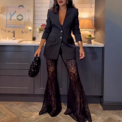 Bella Women's Suit | Chic Lace Blazer and Flared Pants Set - Hartwella