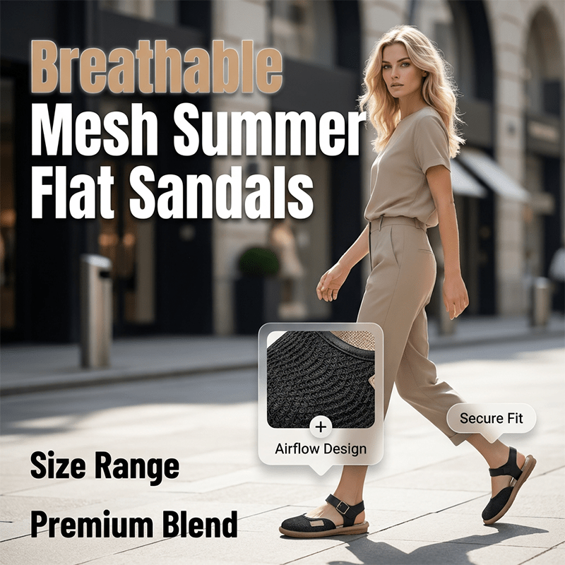 Blythe Black Flat Sandals | Breathable Mesh, Adjustable Ankle Strap - Hartwella