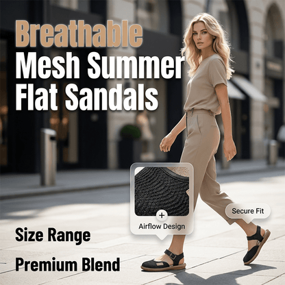 Blythe Black Flat Sandals | Breathable Mesh, Adjustable Ankle Strap - Hartwella