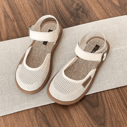 Blythe Black Flat Sandals | Breathable Mesh, Adjustable Ankle Strap - Hartwella