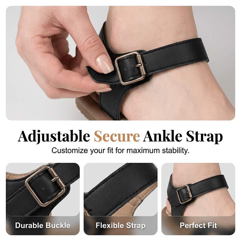 Blythe Black Flat Sandals | Breathable Mesh, Adjustable Ankle Strap - Hartwella