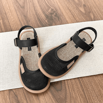 Blythe Black Flat Sandals | Breathable Mesh, Adjustable Ankle Strap - Hartwella