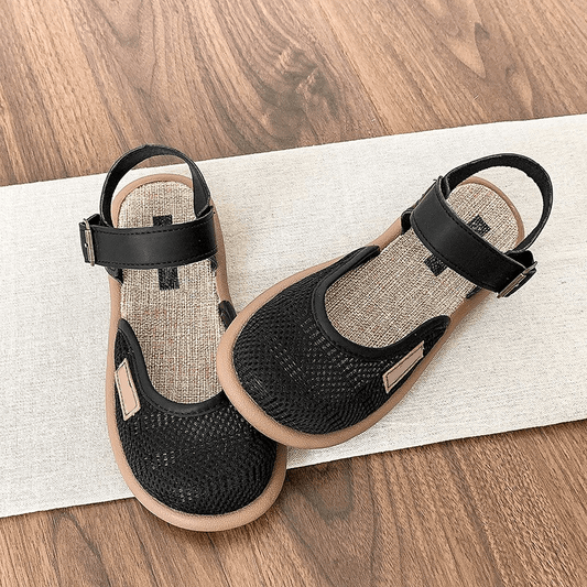 Blythe Black Flat Sandals | Breathable Mesh, Adjustable Ankle Strap - Hartwella