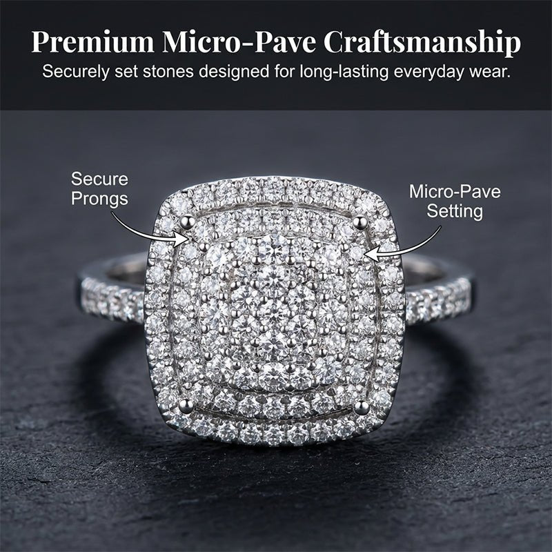 Brio Double Halo Square Ring | Cushion - Cut, Hypoallergenic - Hartwella