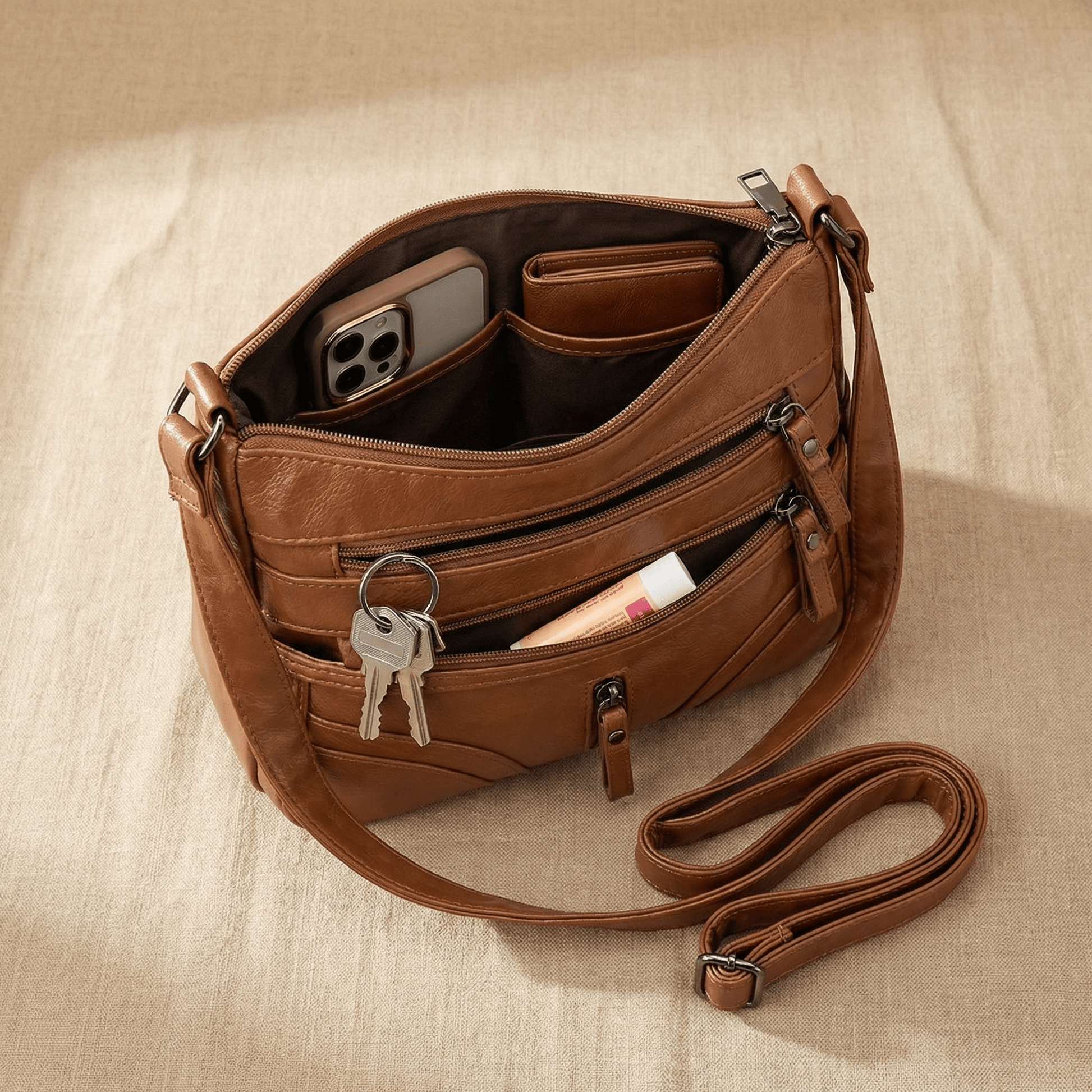 Caden Crossbody Bag | Soft PU Leather, 6 Zippered Pockets, Adjustable Strap - Hartwella